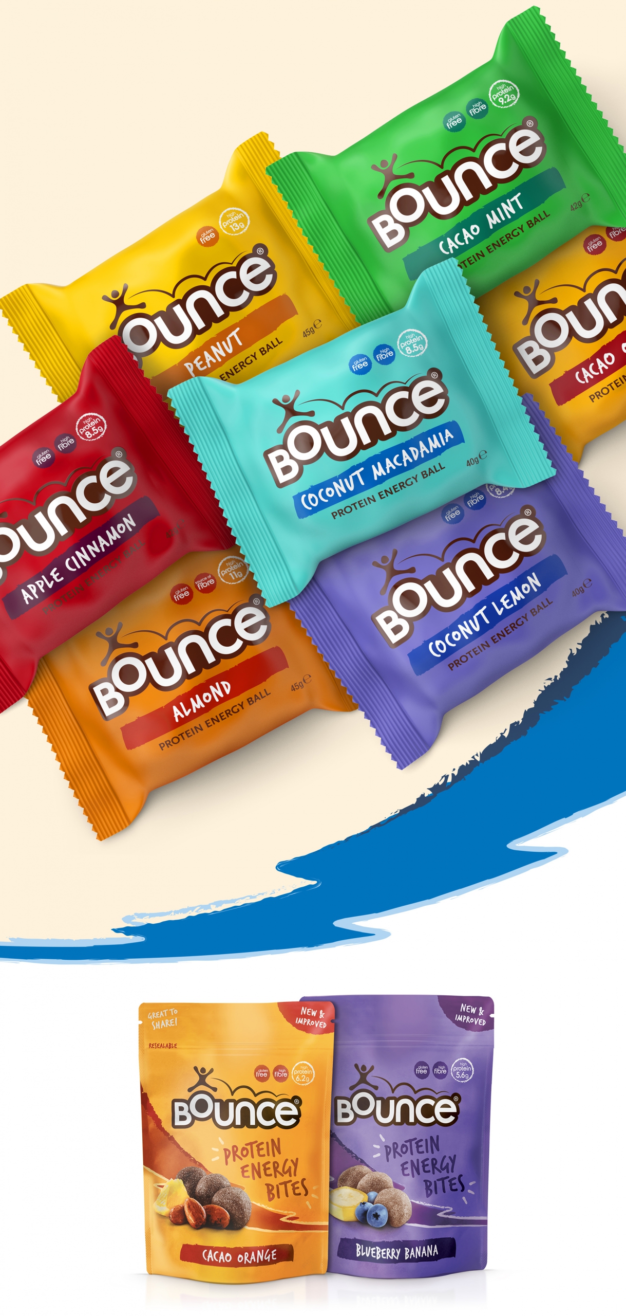 Brand identity snack packaging design for Bounce by Biles Hendry