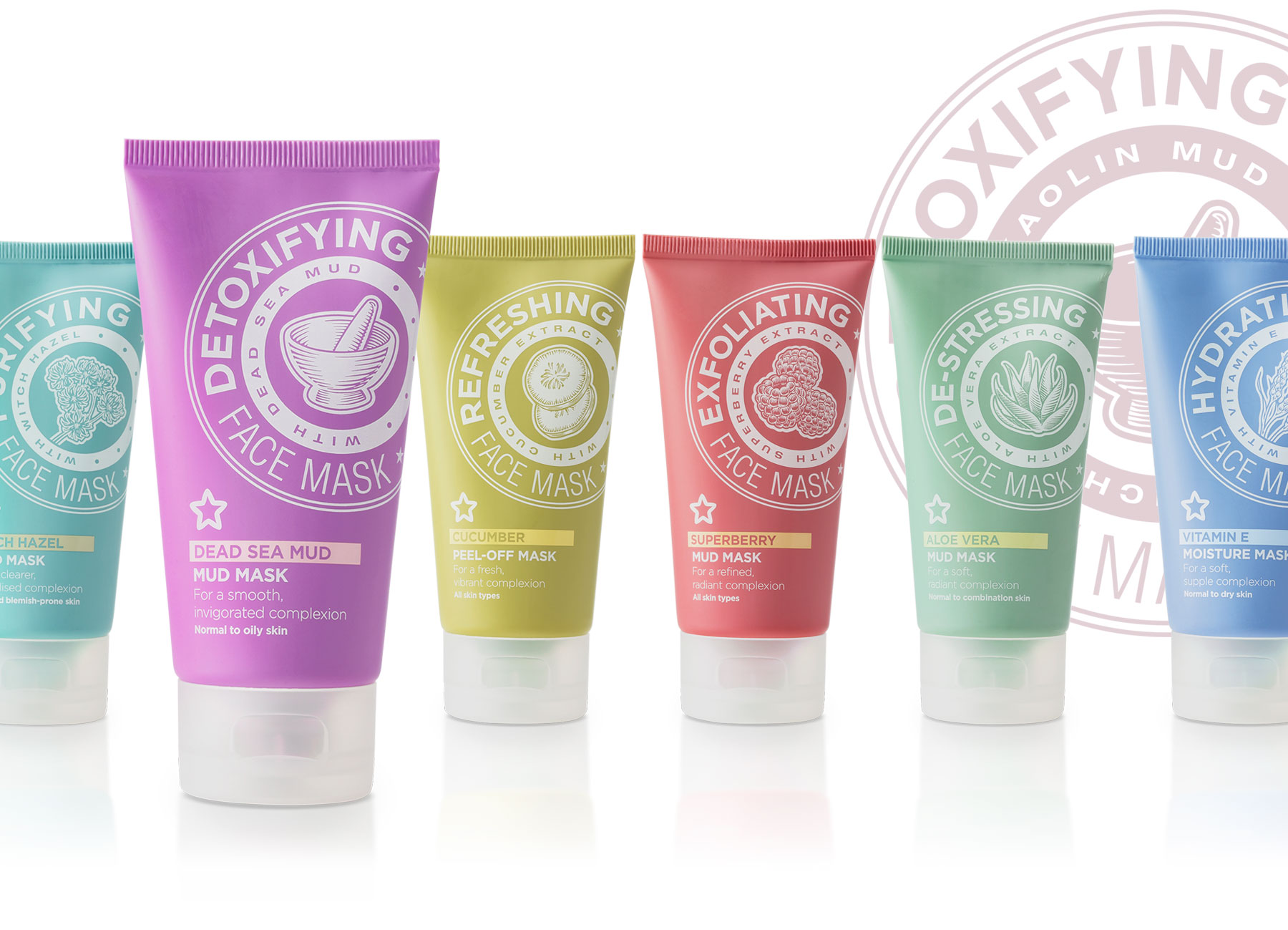 Superdrug Face Masks products lined up on white with a watermarked roundel in the background design by Biles Hendry