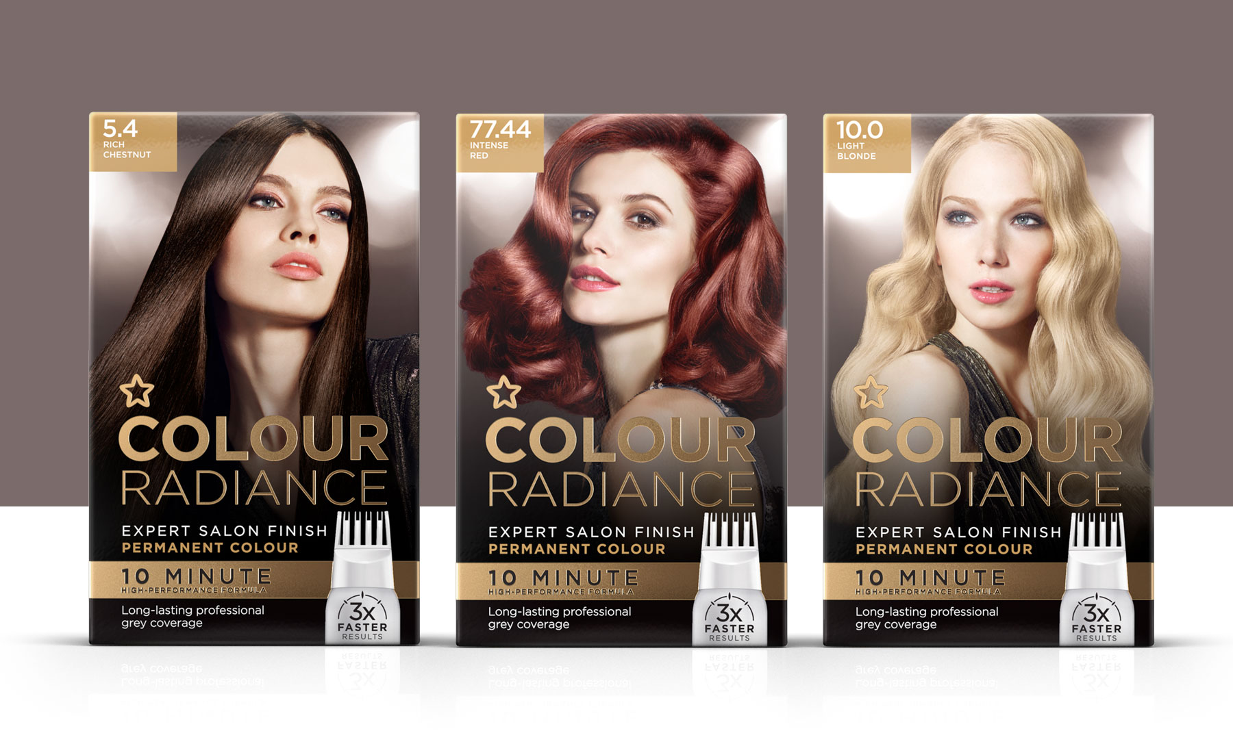Superdrug colour radiance products on a grey putty background design by Biles Hendry