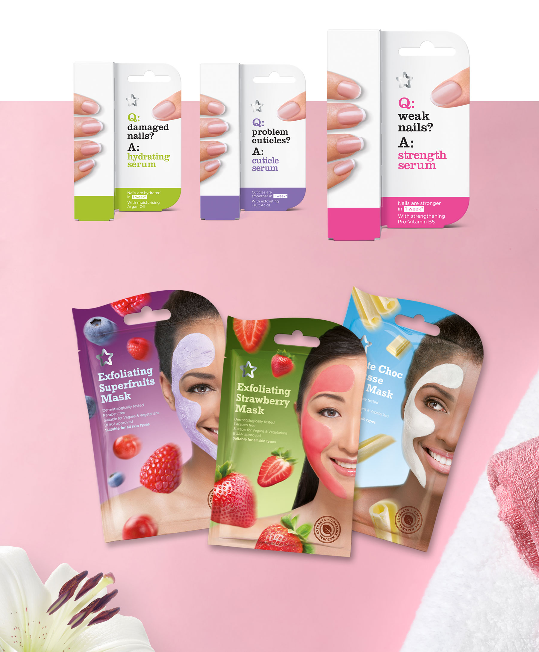 Superdrug projects including Nail Serum and Face masks on a pink background with flower and spa towels design by Biles Hendry