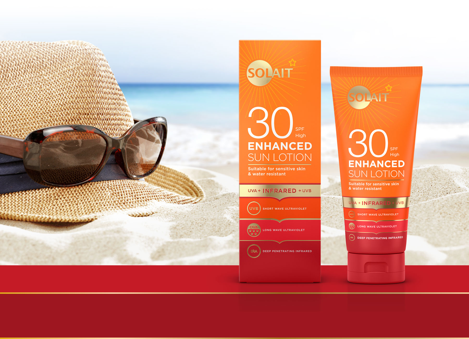 Superdrug Solait Sun Cream products on a red bar, with a beach, sea and hat and sunglasses propped in the background design by Biles Hendry