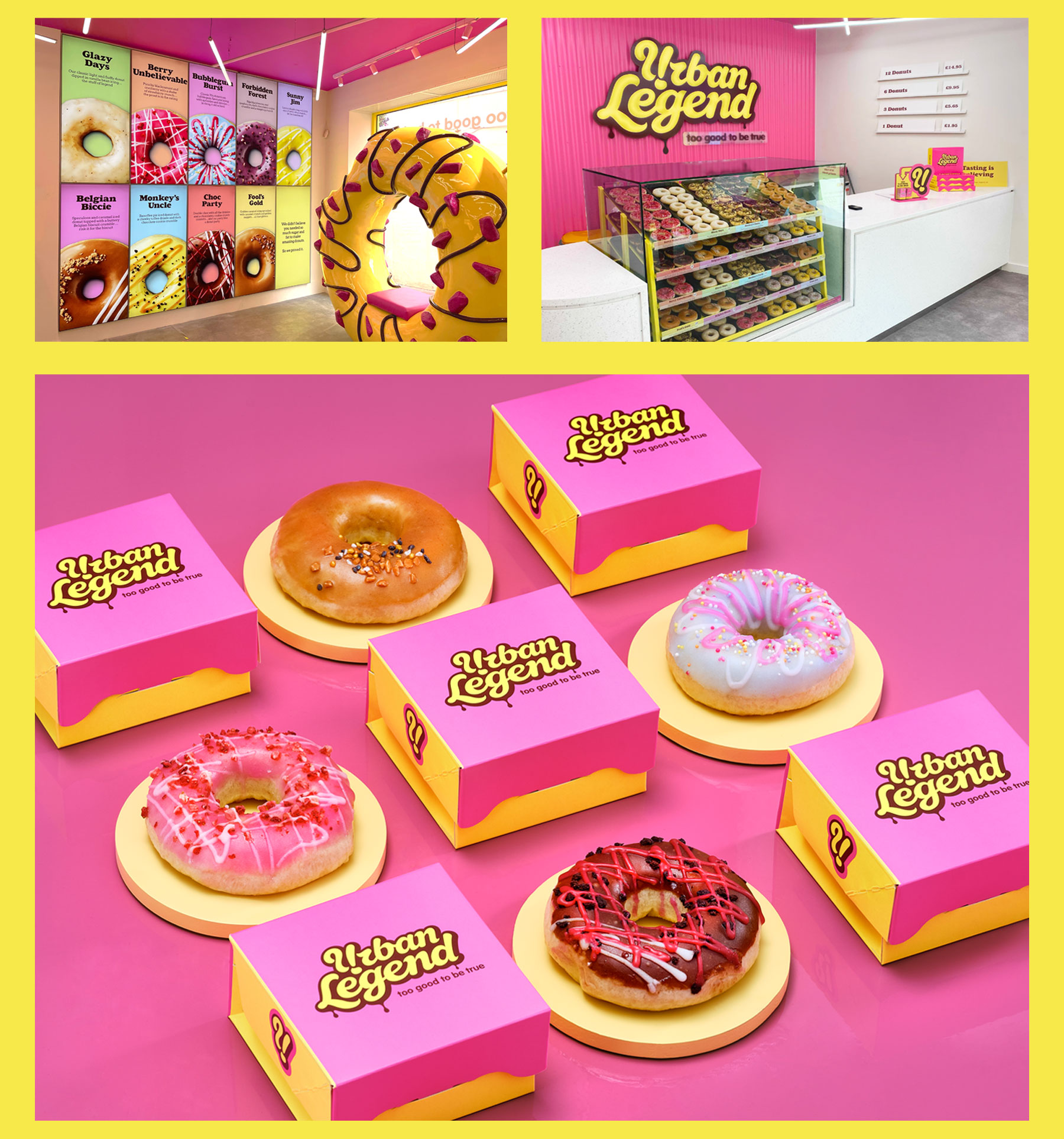 Various photography showing the menu inside an urban legend store, the counter of the urban legend store and some single donut boxes alongside some urban legend donuts design by Biles Hendry