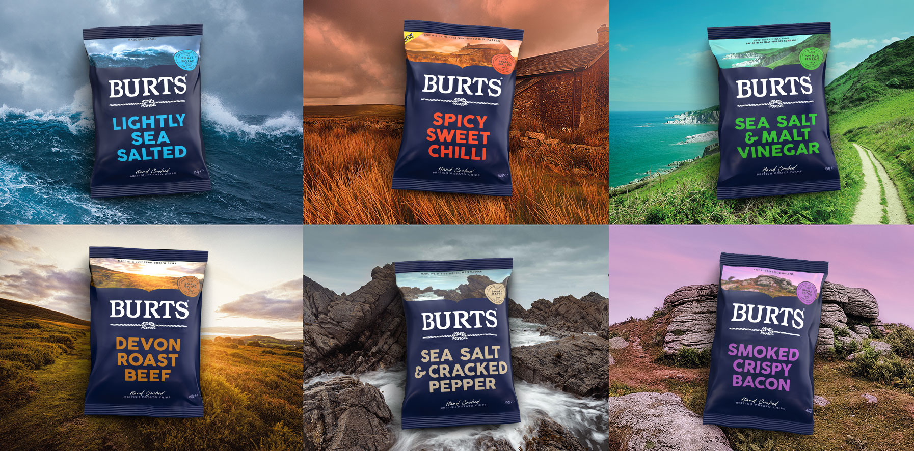 A montage of six core Burts chip pack flavours design by Biles Hendry