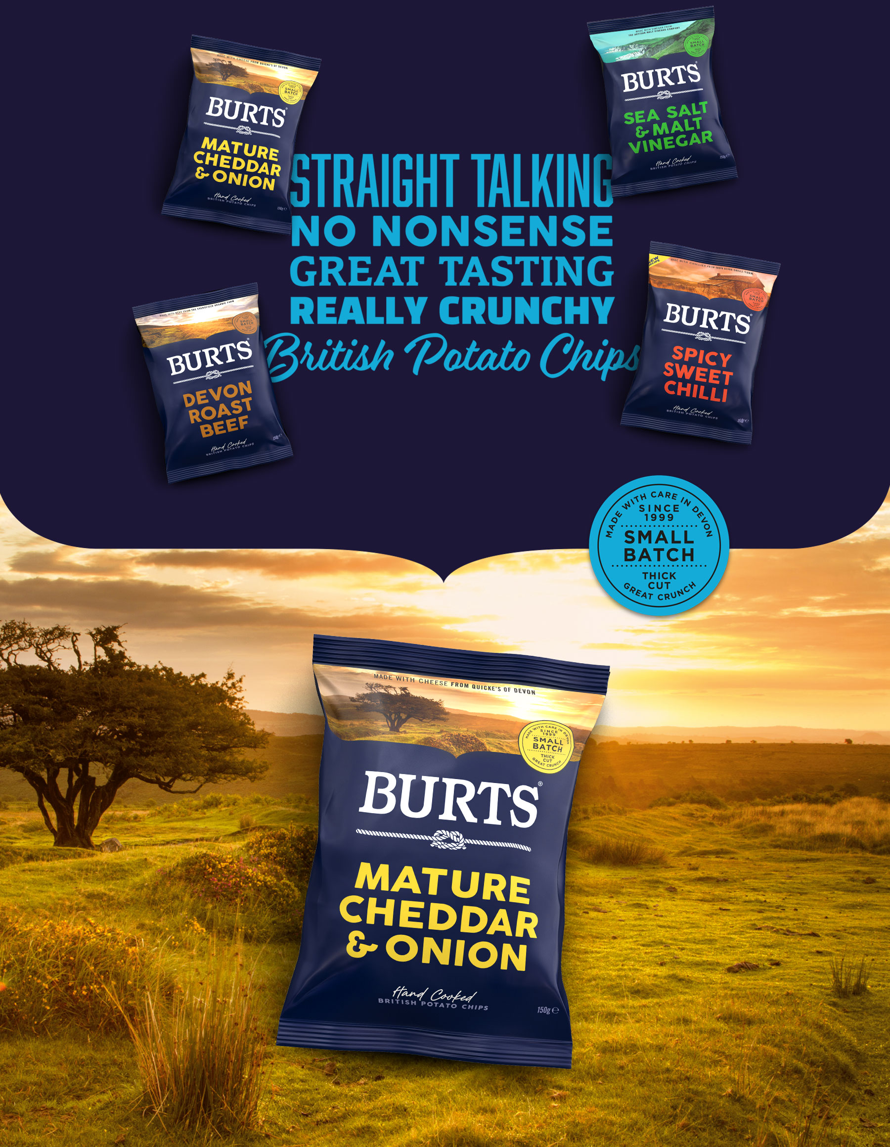 Burts core packs on blue with Burts copy. Second image shows the Burts core cheddar & onion pack on a Devon landscape. Design by Biles Hendry
