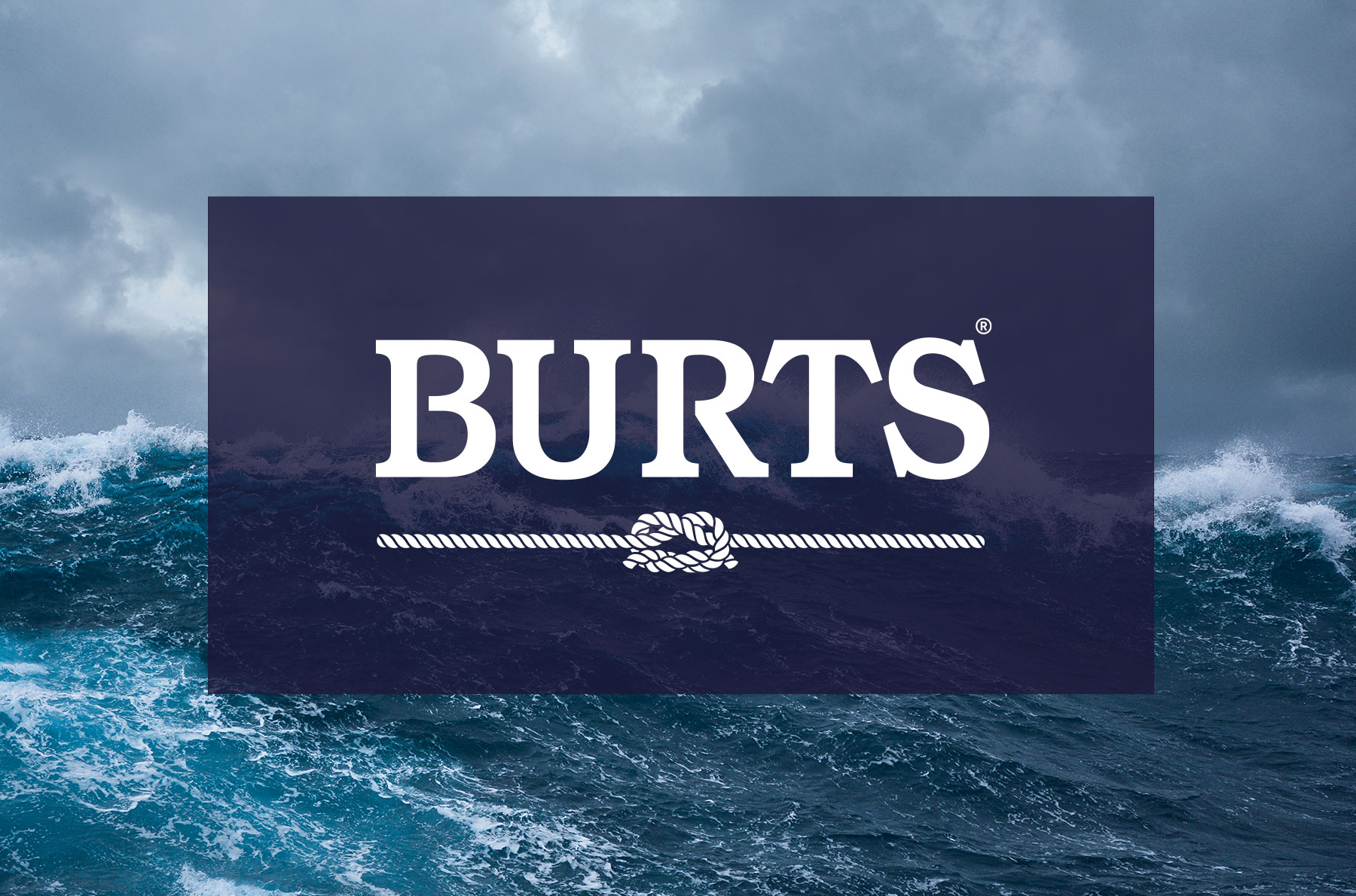 Burts Logo on a blue rectangle on top of a rough sea. Design by Biles Hendry
